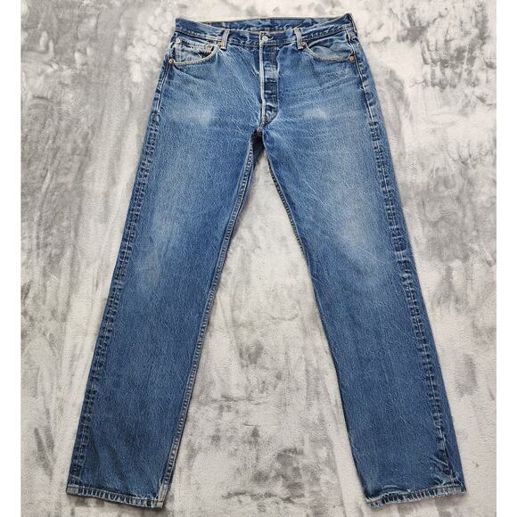Vintage Levi's 501 Jeans Mens W34* L34* Blue Distressed Button Fly Straight Leg - Picture 1 of 15